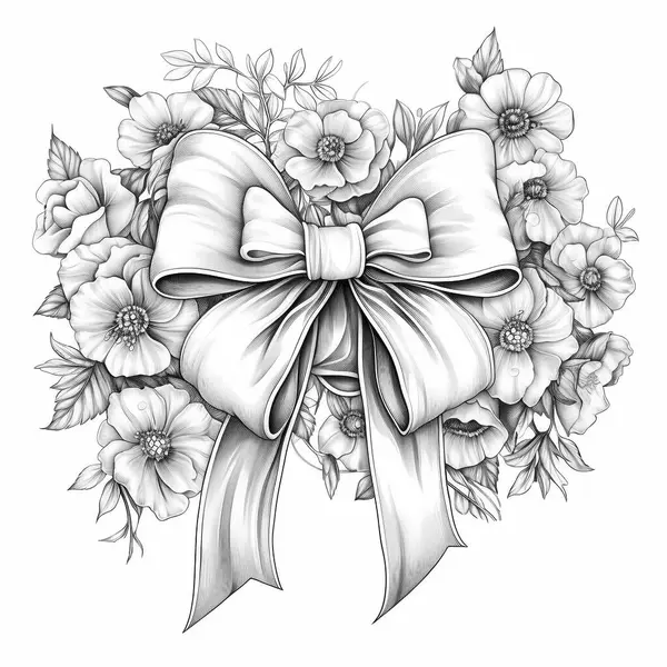 Black and white flowers bouquet with a ribbon. Coloring book page illustration