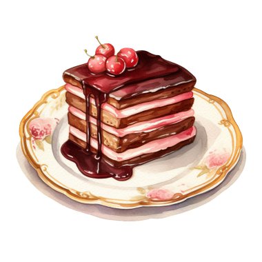Suluboya tatlı, tabakta lezzetli çikolatalı pasta. Beyaz arka planda el çizimi illüstrasyon. Mükemmel yemek menüsü, yemek çizimi, tasarım paketi, baskı.