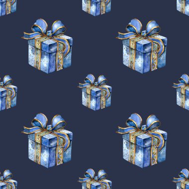 Kusursuz desenli mavi hediye kutusu. Noel hediyesi kutlama kartları. Kış yeni yıl tasarımı. Suluboya Mutlu Noeller.