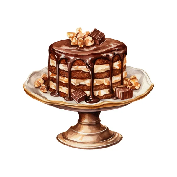 Watercolor cake with chocolate smudges and walnut on gold vintage stand. Isolated illustration for menu design, pastry shop, restaurant, packaging, logo, etc