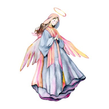 Suluboya el, beyaz arka planda izole edilmiş melekleri çizdi. Dua etmek, uçmak, dua etmek. Hıristiyan bayramı dekoru için, Paskalya, Noel, Pentecost, doğum günü, düğün, vaftiz günü İncil illüstrasyonları