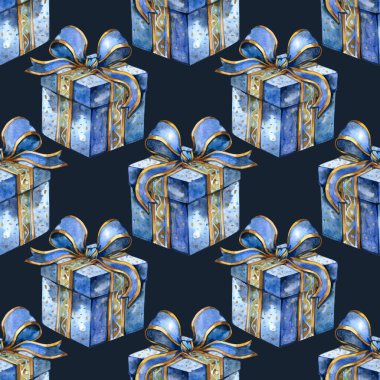 Noel hediye kutusunun kusursuz suluboya deseni, kusursuz desen. Noel suluboya hediyeleri