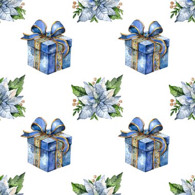 Kusursuz desenli mavi hediye kutusu. Noel hediyesi kutlama kartları. Kış yeni yıl tasarımı. Suluboya Mutlu Noeller.