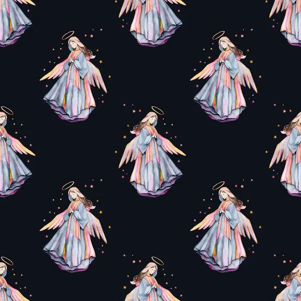 Watercolor angels, stars seamless pattern. Hand drawn catholic religious background. Newborn and kids wear fabric print. Design for textile, covers, wallpaper