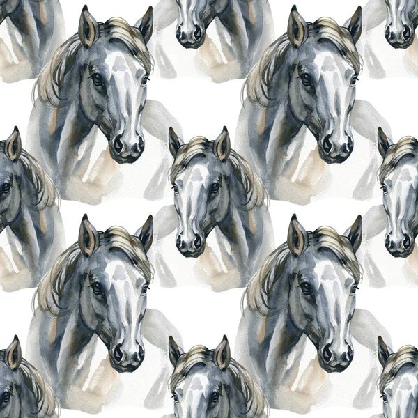Seamless pattern with watercolor white horses. Equestrian sport traditional style for trendy fashion fabric
