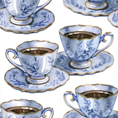 Kusursuz desenli suluboya mavi porselen bardak ve beyaz arka planda kahvaltıda sıcak aromalı kahve. Enerji içeceği espresso ya da aroma çayı. Kafe, menü, kafeterya, kart için yaratıcı sanat