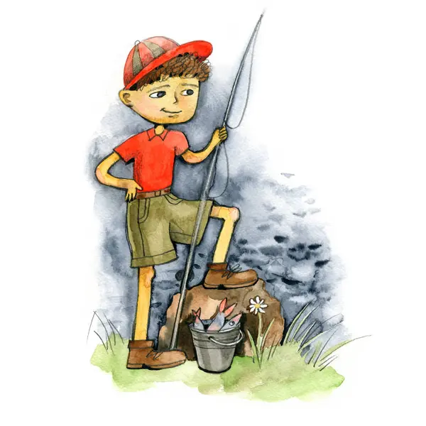 Fishing illustration. Watercolor hand drawn illustration. Boy fisher