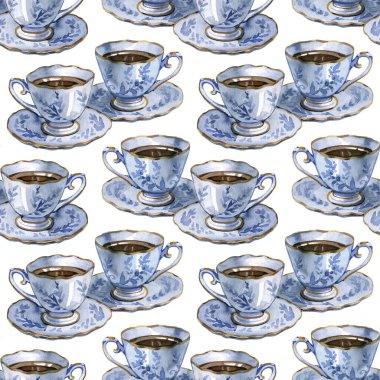 El boyası suluboya, dikişsiz desenli, antika çay fincanlarıyla. Çay saati temalı tasarım. Porselen çay ya da kahve. Tekrarlanan arkaplan