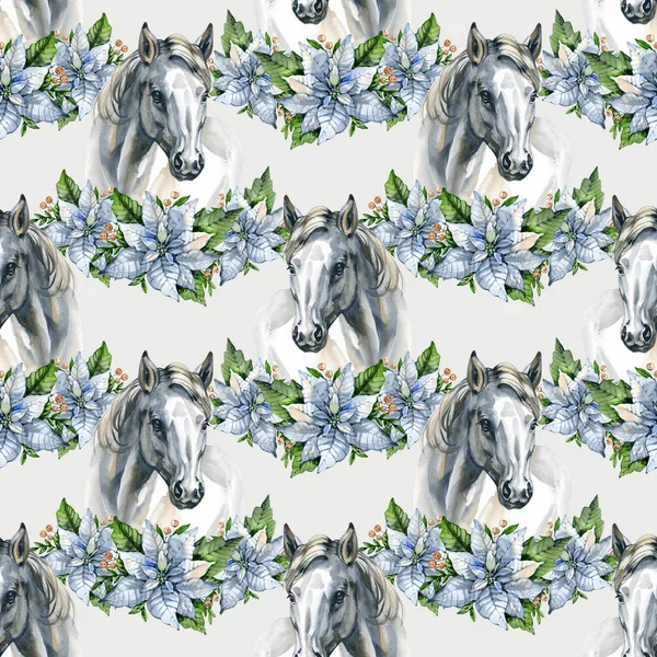 Seamless pattern with portraits of white horses and flowers. Hand drawn watercolor