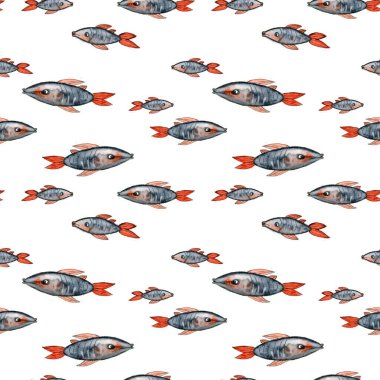 Beyaz arka planda kırmızı yüzgeçli balıkların suluboya desenleri. Kartpostal, fotofram, ambalaj kağıdı, tekstil baskısı, afiş, broşür, hatıra defteri, duvar kağıdı için el çizimi.
