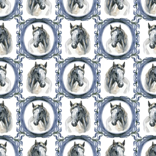 Watercolor seamless pattern horses with antique frame. Designed for decorating furniture, surfaces, walls, interiors, clothes, home textiles, stationery.