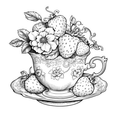 Elle çizilmiş eskiz, çay fincanı, çilek, yaprak, böğürtlen, çiçek. Vektör çizimi. Grafik stili etiketi, etiket, menü, paket ögeleri. İşlenmiş biçim