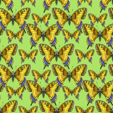 Sarı kelebekler. Kusursuz desen. Kumaş, eskiz defteri, duvar kağıdı ambalajı için suluboya arkaplan