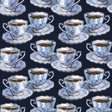 Kusursuz desenli suluboya mavi porselen bardak ve beyaz arka planda kahvaltıda sıcak aromalı kahve. Enerji içeceği espresso ya da aroma çayı. Kafe, menü, kafeterya, kart için yaratıcı sanat