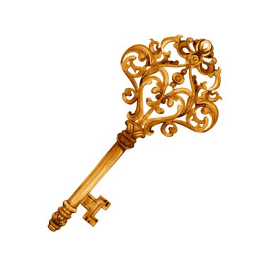 Beyaz arka planda antika anahtar. Klasik anahtar suluboya resim. Retro tuşlar elle çizilmiş. Altın anahtar. Anahtar çizgi film tarzı. Suluboya tuşları çizimi. Logo, tebrik kartı ve tasarım için resim