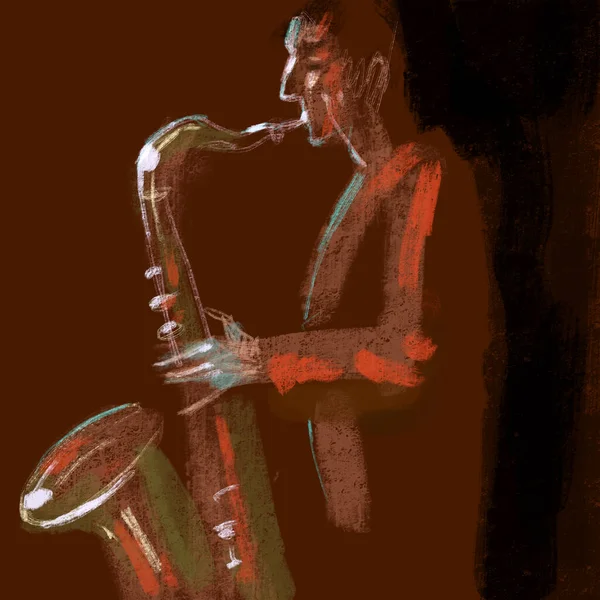 Jazz saxophone player, sketch illustration for jazz poster. Saxophonist playing, music illustration.