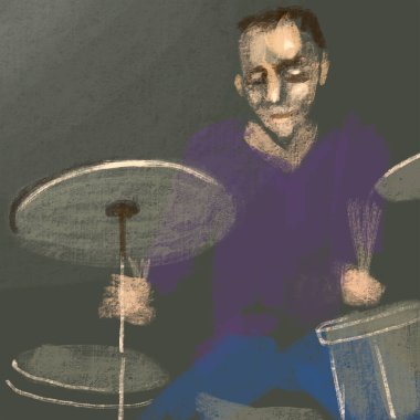 Davullu bir müzisyen. Rock davulcusu çizim stili. Müzik posteri.
