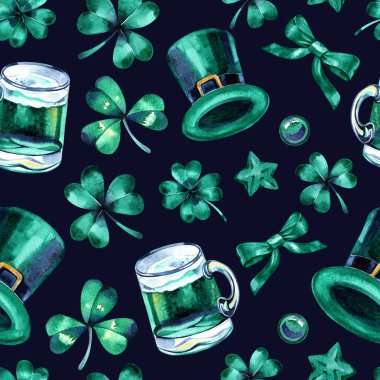 Suluboya yonca, Aziz Patrick Günü kusursuz desen, suluboya illüstrasyon, arka plan