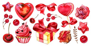 Sevgililer Günü elementlerinin el boyası. Suluboya parti koleksiyonu kırmızı sevimli tasarım elementleri beyaz arkaplanda izole edildi.