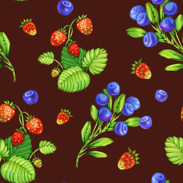Seamless pattern with decorative forest berries, green branches drawn by markers.