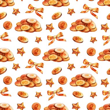 Suluboya çizimi: Uçan altın absract sikkeler farklı pozisyonlarda ve el çizimi suluboya dokusu beyaz arka planda izole edilmiş. Kusursuz süs deseni