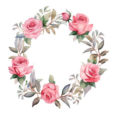 Suluboya çiçek çelengi. Şatafatlı güller, ranunkuluslar, şakayıklar, yapraklar ve çiçek elementleriyle elle boyanmış. dizayn.