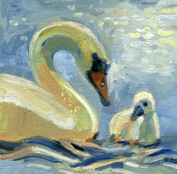 Swan couple mom and baby Illustration oil painting on the canvas.