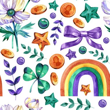 Aziz Patrick Günü, geleneksel kutlama sembolleriyle kusursuz bir düzen içinde. Davetiye, tebrik kartı, ambalaj kağıdı ve kumaşlar için suluboya el çizimi