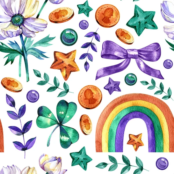 Aziz Patrick Günü, geleneksel kutlama sembolleriyle kusursuz bir düzen içinde. Davetiye, tebrik kartı, ambalaj kağıdı ve kumaşlar için suluboya el çizimi