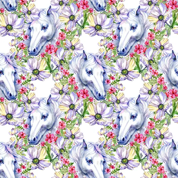 White horses with flowers watercolor pattern seamless background.