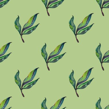 Yeşil yapraklı pürüzsüz desen, eski suluboya tarzında illüstrasyon