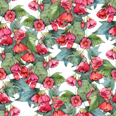 Beautiful abutilon flowers on climbing twigs. Seamless floral pattern. Watercolor painting. Hand painted illustration. Fabric, wallpaper, wrapping paper design clipart