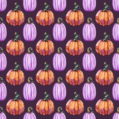 Cadılar Bayramı suluboya desensiz, sonbahar tatili, portakal ve menekşe kabakları, el çizimi, sonbahar ambalaj kağıdı, mutlu Cadılar Bayramı tekstil tasarımı.