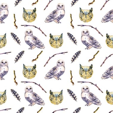 Baykuşlarla suluboya kusursuz desen. Karlı baykuşlar, kuşlar, vahşi hayvanlar ve bitkiler. Çocuk ürünleri, tekstil, ambalaj kağıdı, arkaplan ve duvar kağıdı tasarımı için yazdır.