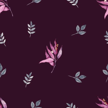 Karanlık arka planda kusursuz bir yaprak deseni. Soyut yaprakların suluboya tasarımı. Botanik illüstrasyon.