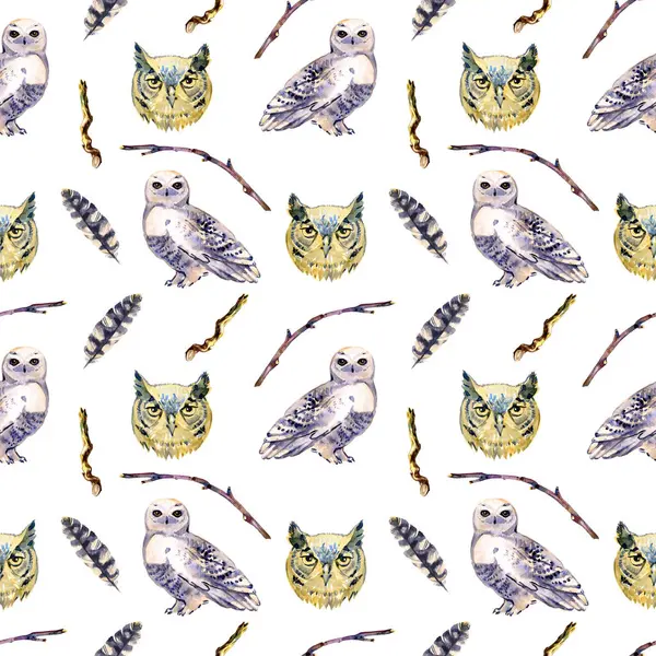 stock image Watercolor seamless pattern with owls. Snowy owls, birds, wild animals and plants. Print for the design of childrens products, textiles, wrapping paper, background and wallpaper.