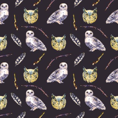 Suluboya baykuş ve tüyler, el koyu bir arka planda çizilmiş Dikişsiz deseni.