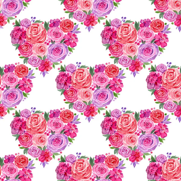 Sevgililer Günü ya da Düğün Suluboya Şablonu Pembe Kalpler ve Güller ile kusursuz desenli. Beyaz arka planda izole edilmiş suluboya el çizimi. Kumaş veya tekstil baskıları için, hediye.