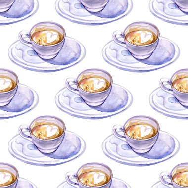 Suluboya kahve pürüzsüz desen. Beyaz arka planda bir fincan kapuçino ile el çizimi tekrarlayan doku. Güzel içecek duvar kağıdı..