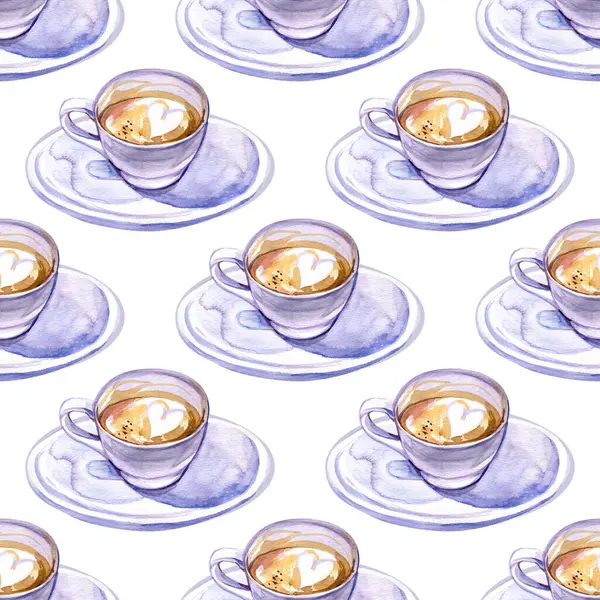 Suluboya kahve pürüzsüz desen. Beyaz arka planda bir fincan kapuçino ile el çizimi tekrarlayan doku. Güzel içecek duvar kağıdı..