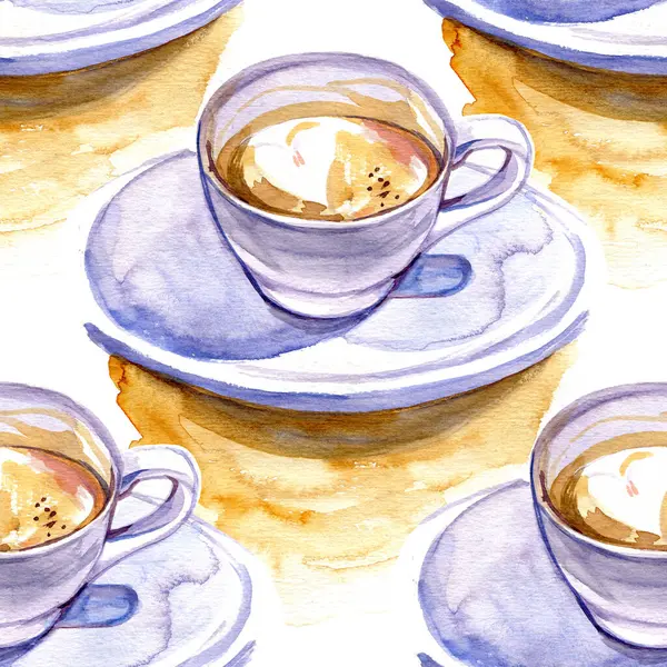 Suluboya kahve pürüzsüz desen. Beyaz arka planda bir fincan kapuçino ile el çizimi tekrarlayan doku. Güzel içecek duvar kağıdı..