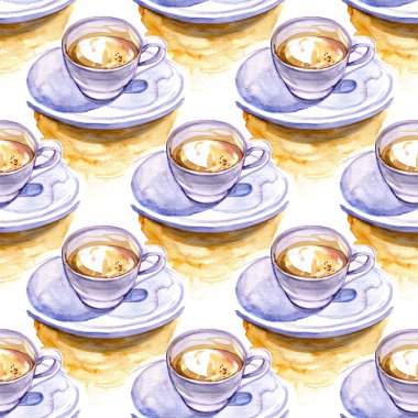 Kahveli beyaz bardakların suluboya desenleri. Tasarımın için illüstrasyon. Pastel renkler