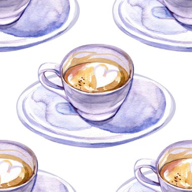 Kahveli beyaz bardakların suluboya desenleri. Tasarımın için illüstrasyon. Pastel renkler