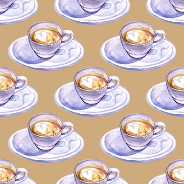 Kahveli beyaz bardakların suluboya desenleri. Tasarımın için illüstrasyon. Pastel renkler