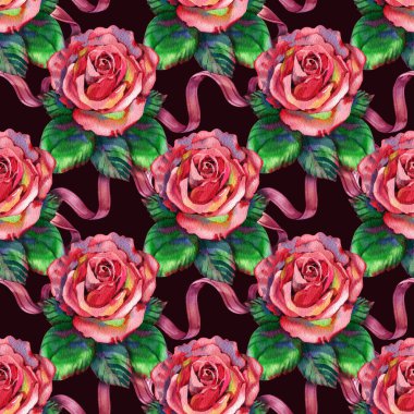 Kırmızı güllerle süslenmiş kusursuz çiçek deseni. El çizimi illüstrasyon.