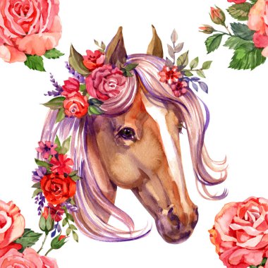 El çizimi suluboya şirin, pürüzsüz desenli resimler kahverengi atlar ve beyaz arka planda kumaş, keten, duvar kağıdı dokusu veya diğer tekstil baskıları için pembe güller..