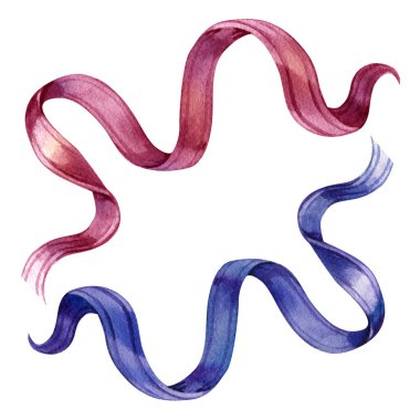 suluboya kurdele çizimleri, beyaz arkaplanda izole edilmiş kırmızı pembe ve mavi tasarım elementleri.