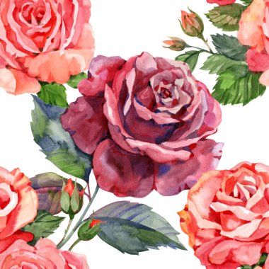 Kırmızı güllerle süslenmiş kusursuz çiçek deseni. El çizimi illüstrasyon.