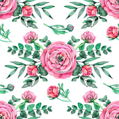 Pembe ranunculus ve yeşilimsi suluboya desenleri. Çiçekli suluboya baskısı.