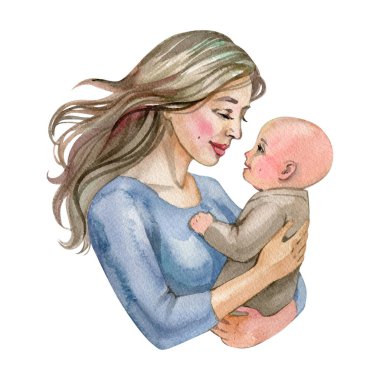 Anne, beyaz arka planda izole edilmiş suluboya bir sanat eseri tutuyor. Tebrik kartı, etiket, ambalaj sanatı